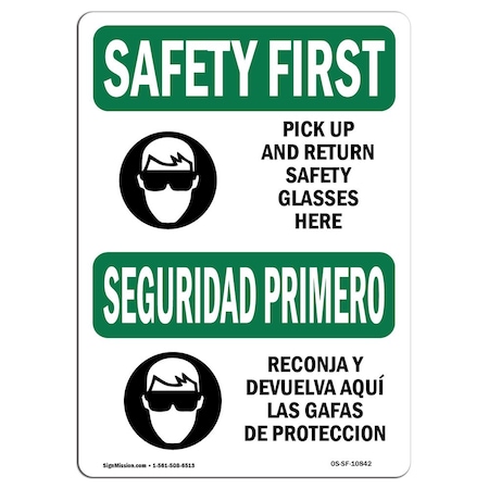 Signmission OSHA Sign, Pick Up Glasses Bilingual, 10in X 7in Rigid Plastic, 10" W, 7" H, Landscape OS-SF-P-710-L-10842